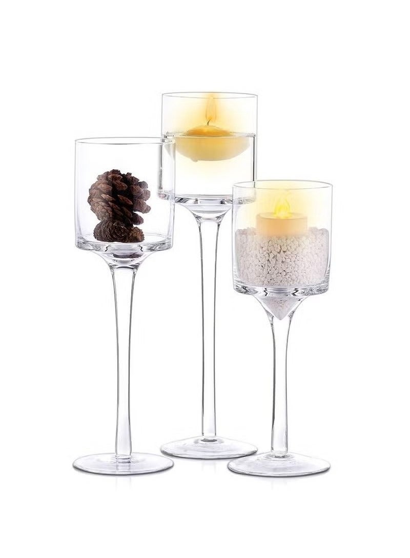 Beauenty Tealight Candle Holders Glass: Set of 3 Long Stemmed Candle Stands for Dinner Table Centerpiece - Monet Candleholders Pillar Floating Candles - Image 5